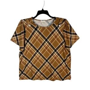 Como Blu Women 1X Brown and Black Checkered Shirt Top Short Sleeve Plaid